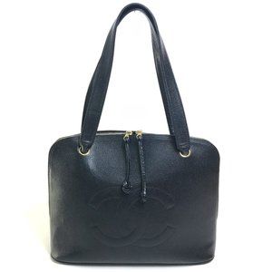 CHANEL Vintage Black Caviar Leather Logo Shoulder Bag